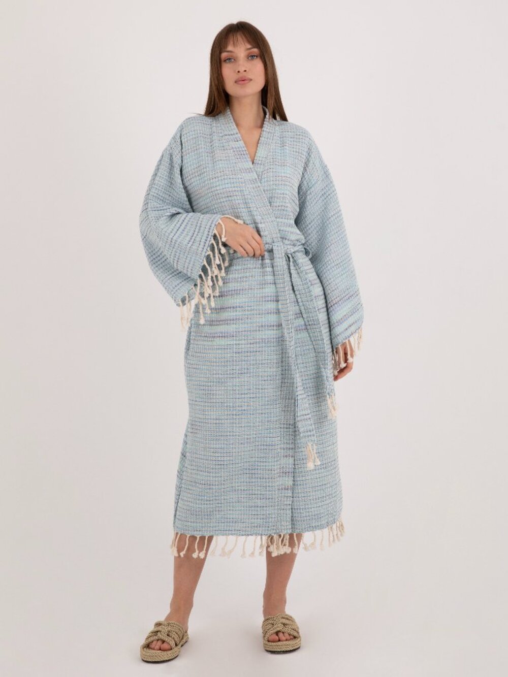 Blue Waffle Weave Turkish Cotton Kimono Robe